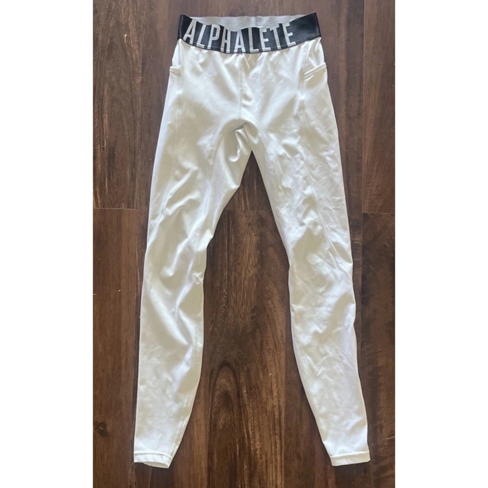 Alphalete Banded Spellout Ankle Leggings Logo Pockets White Womens Small
